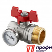 Шаровой кран с плоским уплотнением Ду20, G3/4"BP" x G1"HP, с термометром (0–80 °C), с красным маховиком
